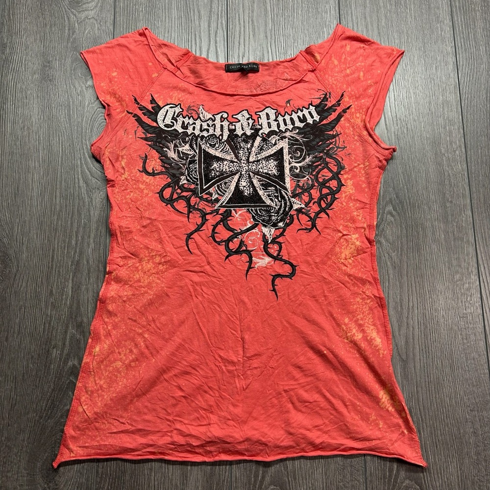 Crash and Burn Y2K Red Large Acid Wash Rhinestone Cross Graphic Tee Cap Sleeve